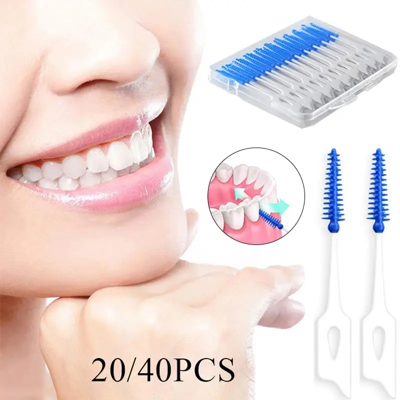 20/40 pçs super macio silicone escovas interdentais descartáveis escova de limpeza dental palitos cuidados com os dentes fio dental ferramentas orais