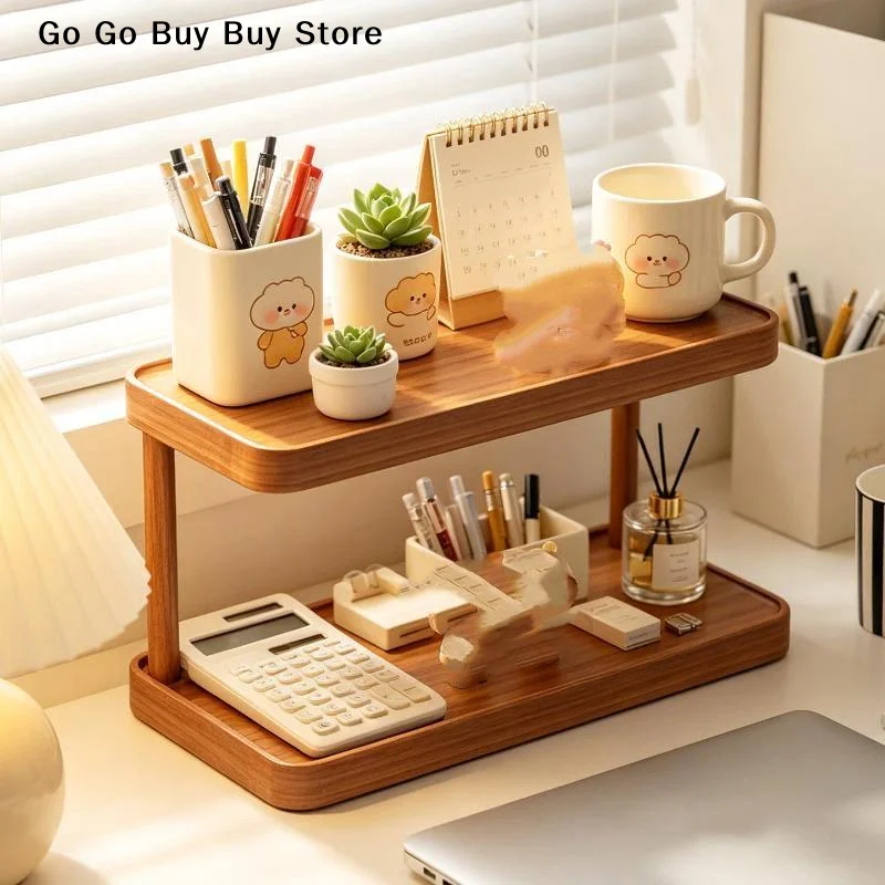 【S】Wooden 2/3 Tier Desktop Storage Shelf Sturdy Frame Multifunctional Large Storage Space For Home Office Study Organization