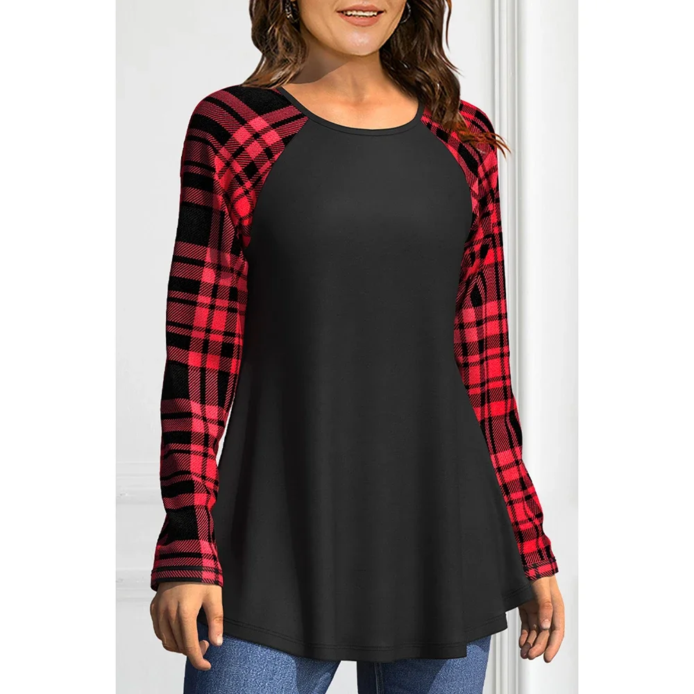 Plus Size Christmas Black Red Checkerboard Plaid Patchwork Long Sleeve T-Shirt Round Neck Blouse