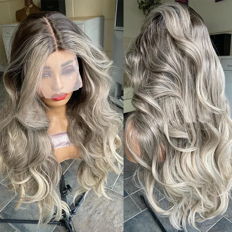 28-calowy Ombre Ash Grey Blonde Body Wave Syntetyczna koronkowa peruka na przód Część wolna Koronkowa peruka z naturalną wstępnie oskubaną linią włosów dla kobiet