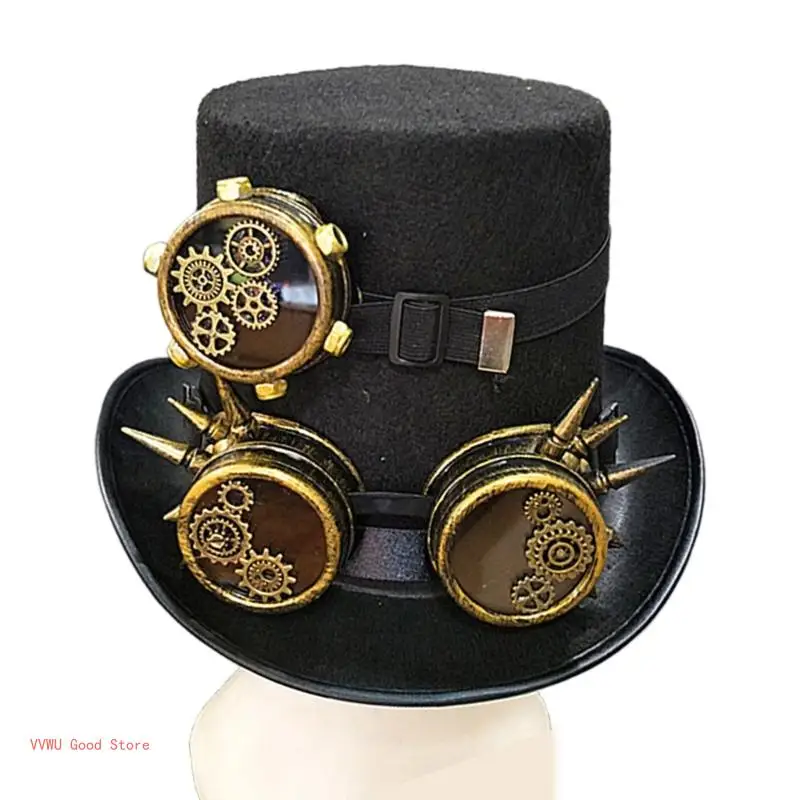 

Halloween Hat with Goggles Top Hat Steampunk Costume Accessories Cosplay Prop for Men Women Vintage Hat