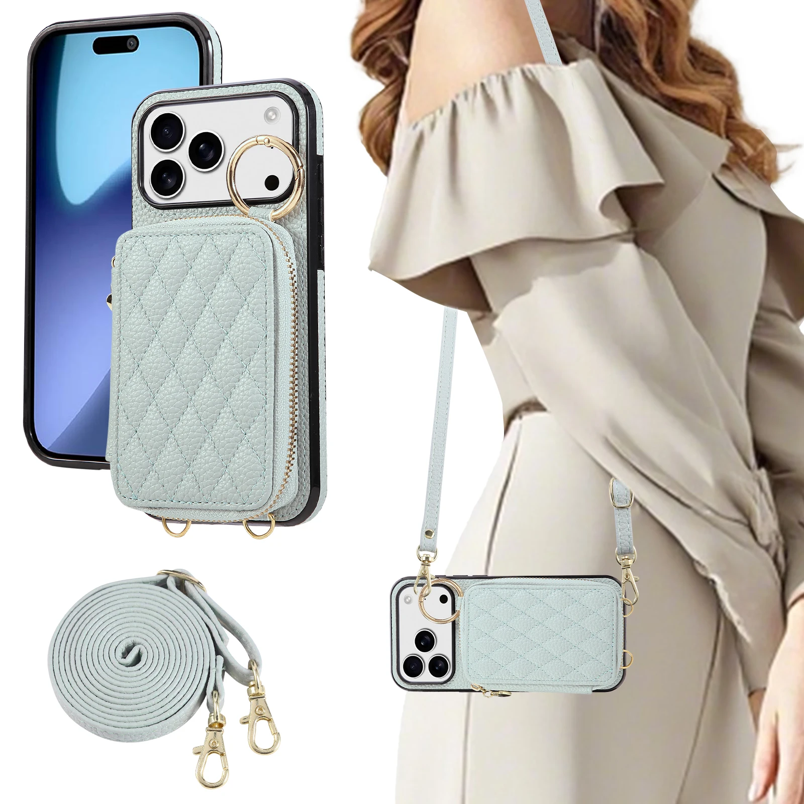 

Leather Crossbody Lanyard Phone Case for IPhone 17 Air 16 15 14 13 12 11 Pro Max XS XR 8 7 Plus with Card Holder Zipper Wallet