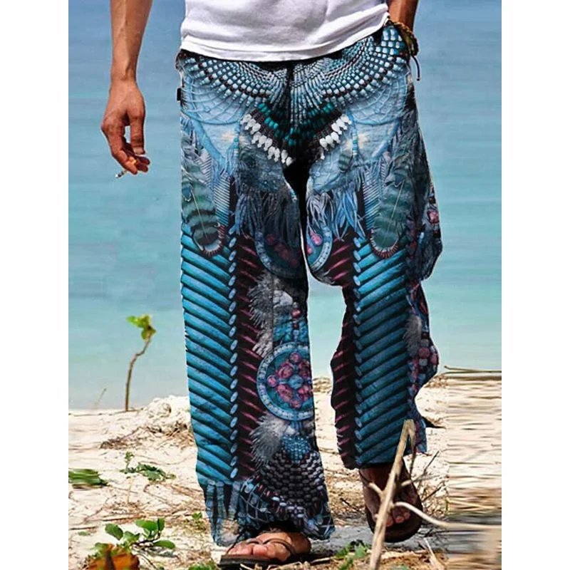 กางเกงฤดูร้อนของผู้ชาย, กางเกงชายหาดหลวม, การออกแบบเชือกผูกยืดหยุ่น, การพิมพ์ 3 มิติแบบนามธรรม, วันหยุดสบาย ๆ, กางเกงถนนที่ทันสมัย