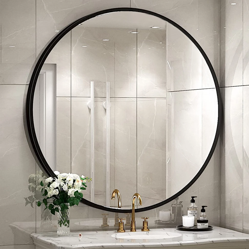 Black Metal Frame Round Mirror, 32 