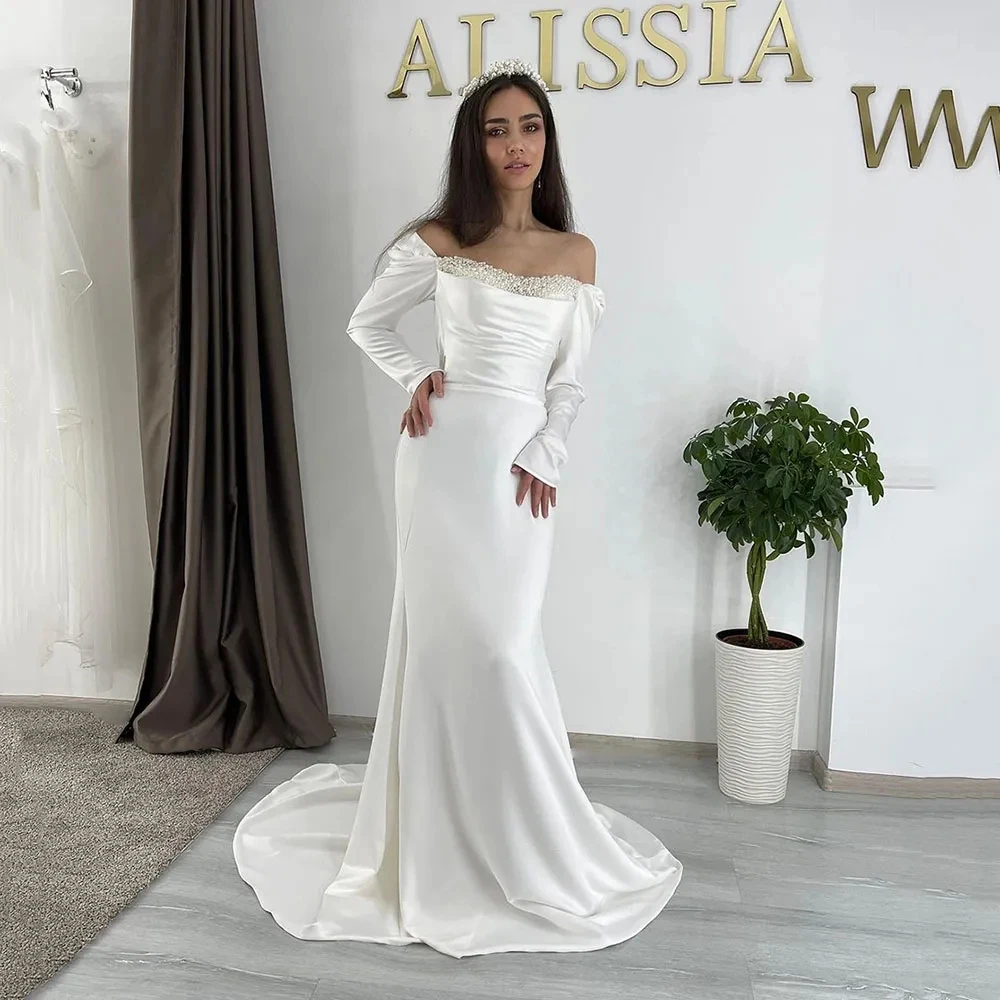 Robes De mariée en Satin, dubaï, manches longues, perles, épaules dénudées, personnalisées sur mesure, 2023