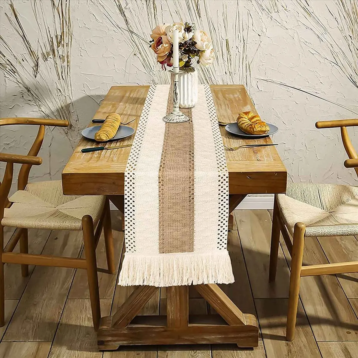 Stable- 2X Farmhouse Boho Table Runner,Stitching Edge Handmade Crochet Bohemian Style,Suitable for Dining Table Decoration 180cm