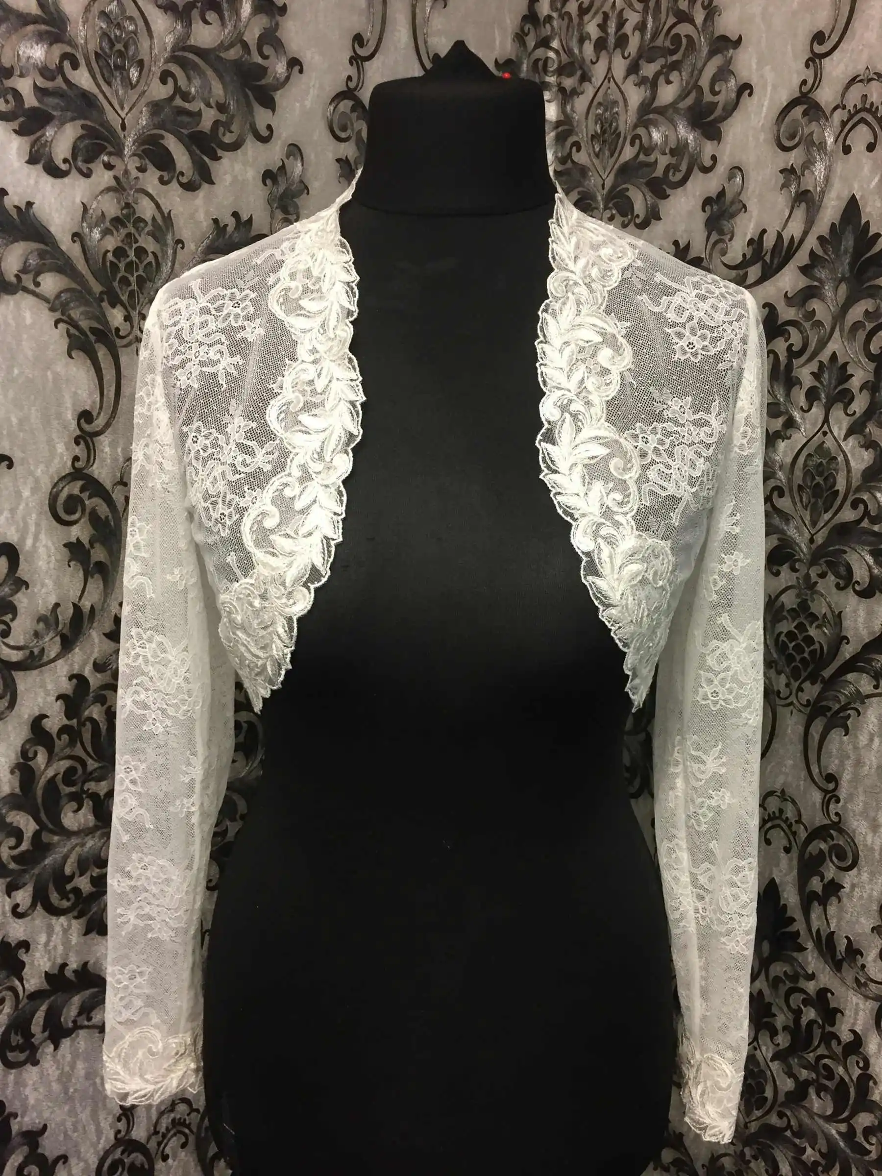 Vintage Wedding Lace Bolero Long Sleeve Floral Open Front Short Jacket For Reception Party Evening Gathering Customized