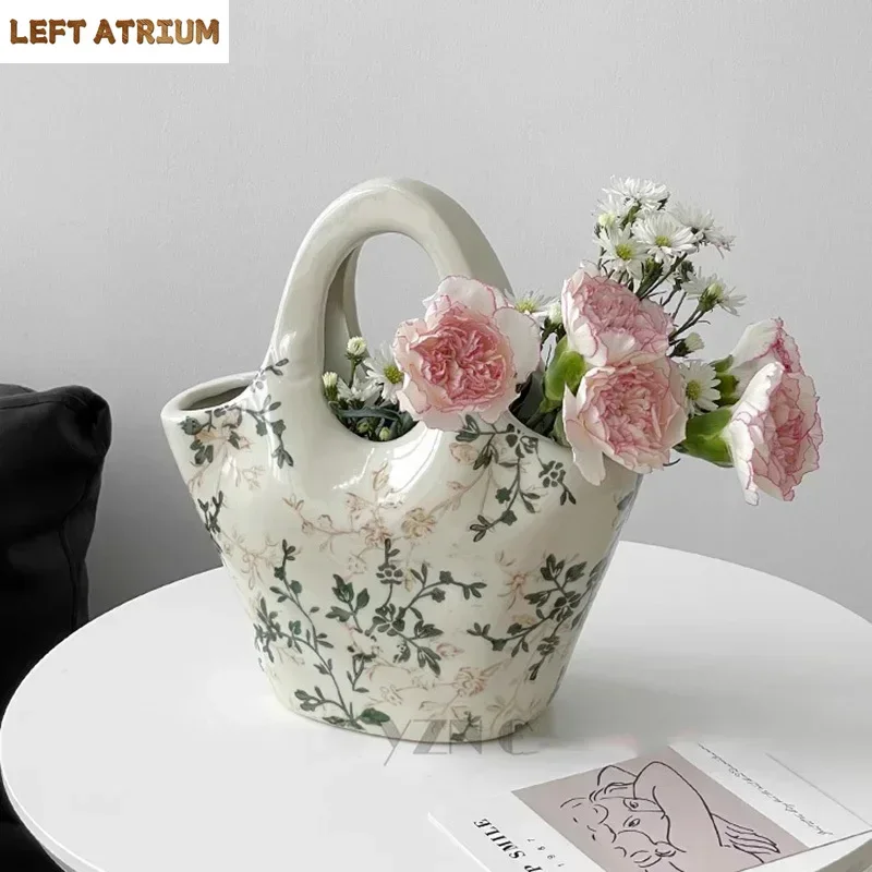 

Flower Texture Ceramic Vase Handbag Shaped Flower Pots Desk Decoration Flower Arrangement Floral Vases Room Aesthetic Decor