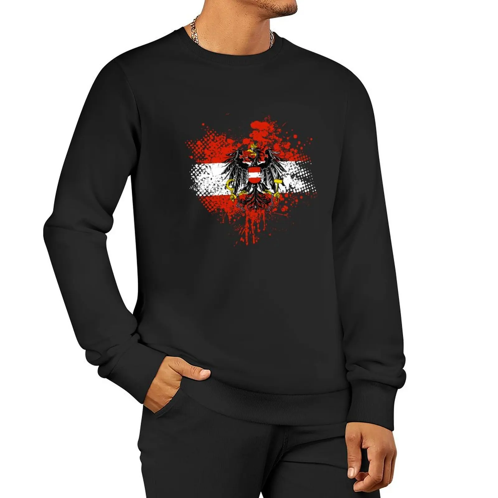 

Austrian flag with eagle coat of arms Pullover Hoodie men's autumn clothes men wear anime sweatshirt