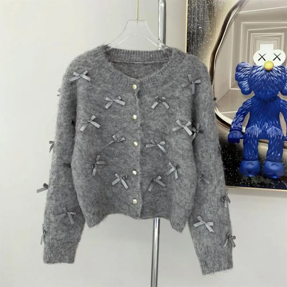 Korean Women 3D Bow Decoration Mohair Cardigans Grey White Sweater New Elegant Knitwear Tops 2023 Winter Fashion Clothes