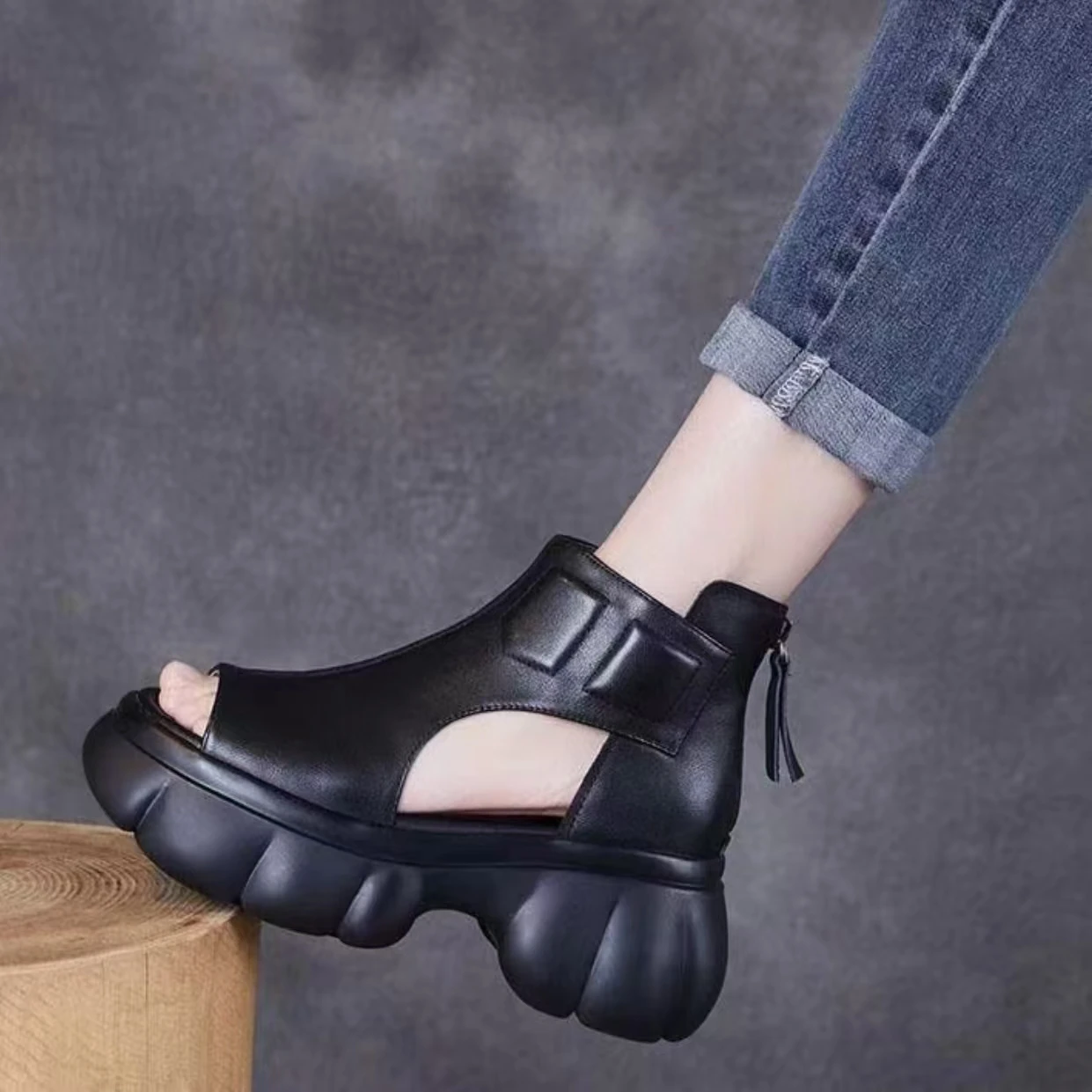 Women Leather High Top Wedges Peep Toe Sandals Summer New Thick Sole Lightweight Breathable Casual Beach Sandals Ankle Cool Boot - view 6