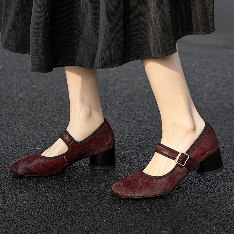 Womens Shoes Spring Sexy Pumps Thhick Heel Dress Work Pumps French Style One Strap Mary Janes Horsehair Round Toe Footwear