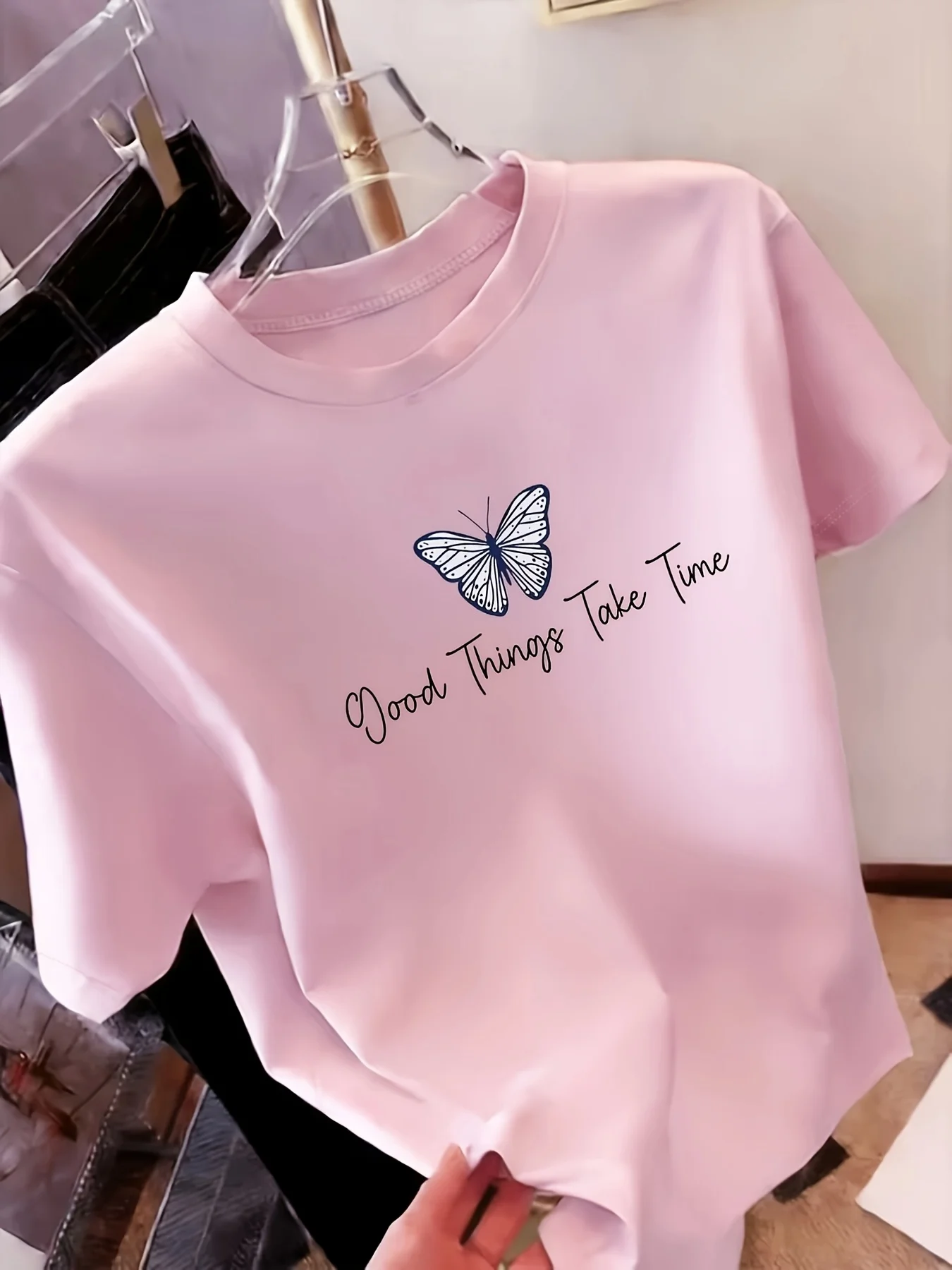 Women'S Short-Sleeve T-Shirt Printed with Blue Butterfly Patterns And The Text 
