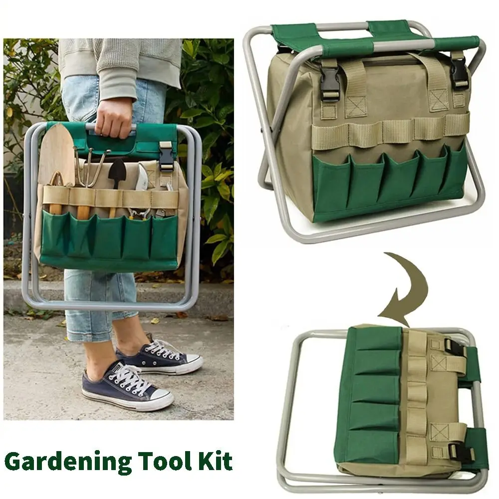 

Hot Organizer Gardening Tote Bag Lawn Yard Bag Green Storage Bag Capacity Carrier with Folding Stool