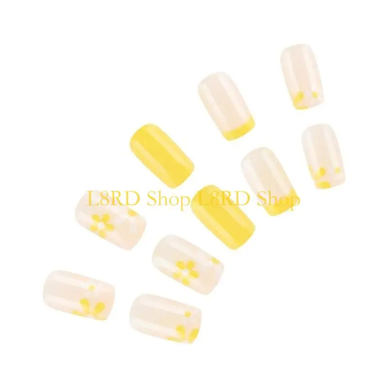 L8RD 24 Pcs Short Square False Flowers Artificial Yellow French Tip On Glossy Press On for Woman