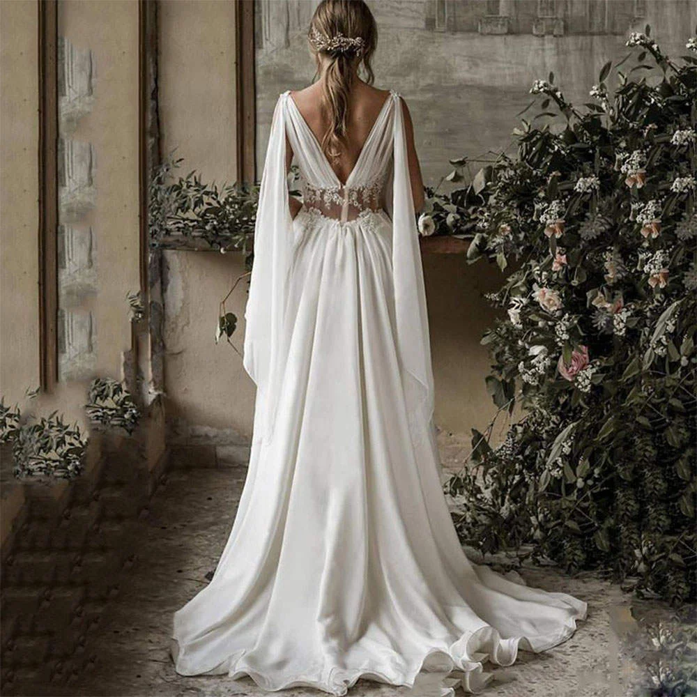 Abiti da sposa senza maniche in pizzo Chiffon elegante abito da sera a-line aperto Backless Train abiti da terra de fiesta