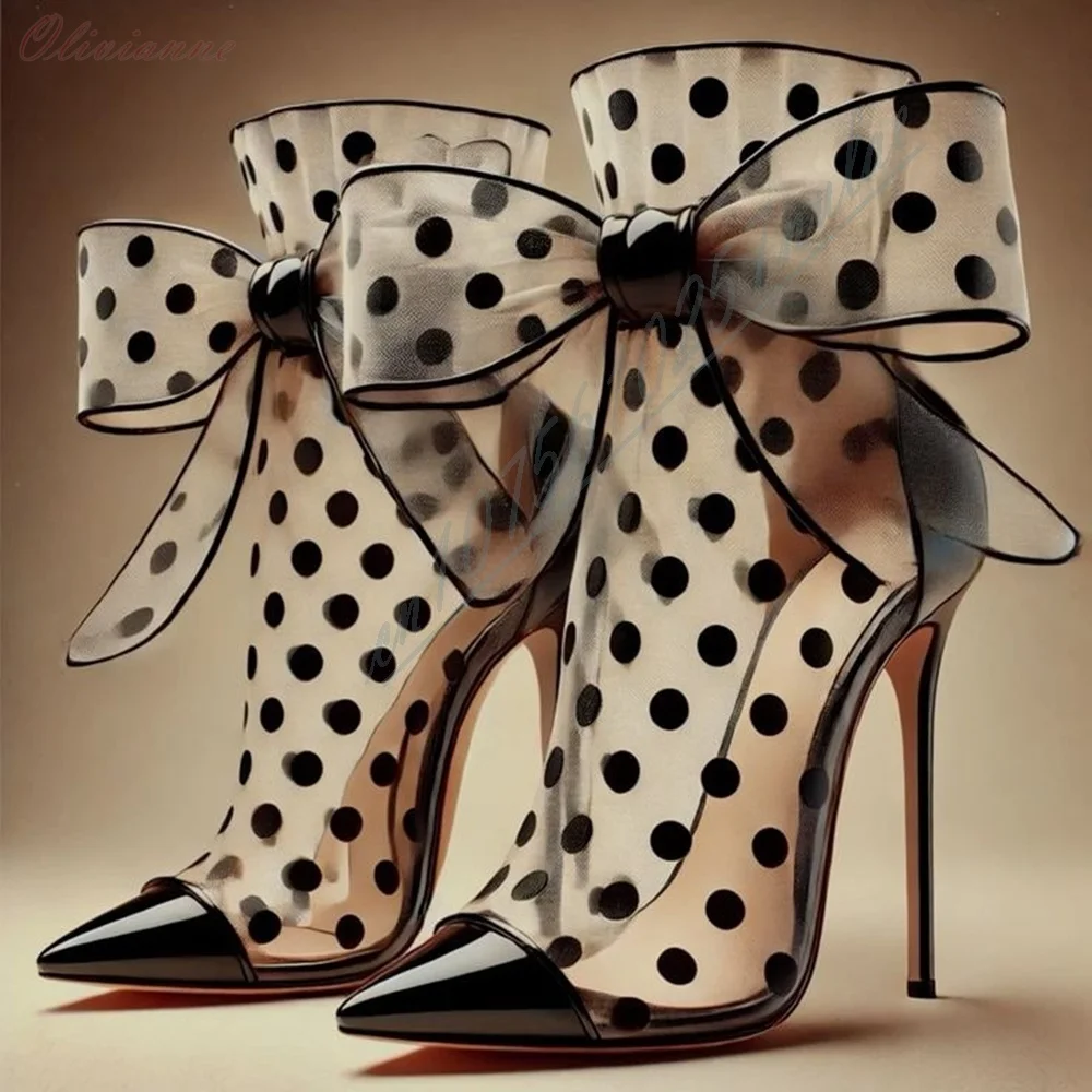 Image of Polka Dot Tüll Pumps mit großer Schleife, Stiletto-Absatz, spitzer Zehenbereich, rückenfreie High Heels, Hochzeit, Party, Abendkleid, Damenschuhe, Mode