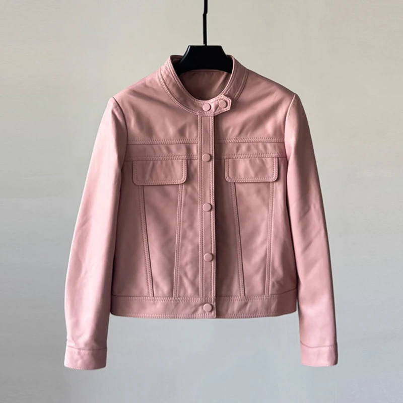 6 farben Echt Leder Kurze Jacken 2025, Herbst Casual Stehkragen Frauen Volle Hülse Schaffell Moto & Biker Jacken Mäntel femme