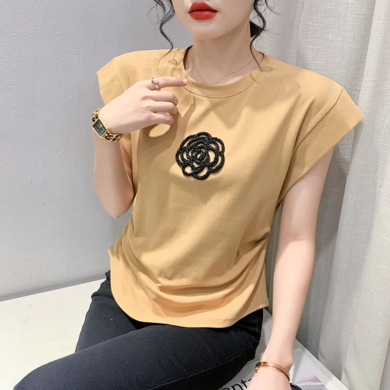 2024 New Arrival Elegant Trend High Quality Embroidered Flares Cotton T-shirt Summer Woman S-3XL Flying Sleeves Loose Luxury