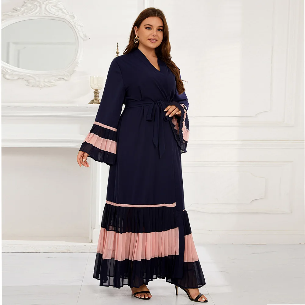 Muslim Fashion Pleated Color Blocking Sleeved Long Dress Robe