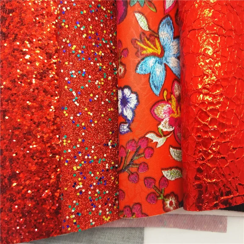 Red Glitter leather, Flowers Emboidery Synthetic Leather Fabric, Metallic Crack Vinyl Fabric  For Bows DIY 21x29CM Q365