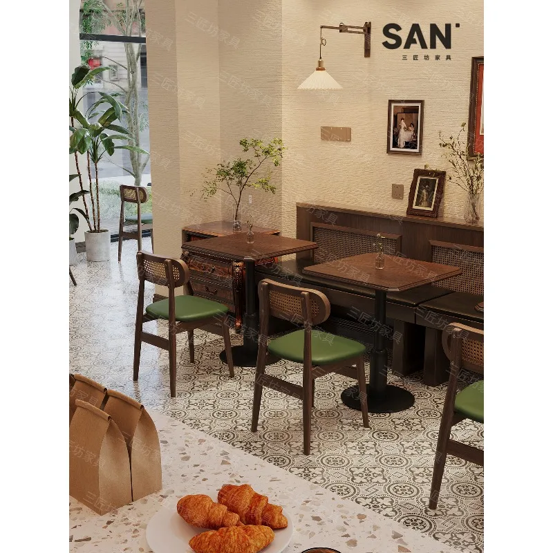 Retro dessert shop table and chair combination milk tea shop cafe commercial solid wood table catering shop bistro western resta
