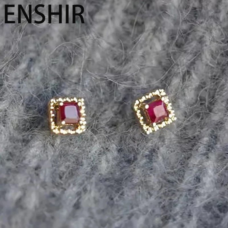 ENSHIR Square Red Zircon Stud Earrings for Women Men Simple Mini Niche Design Party Daily Jewelry Gifts Wholesale