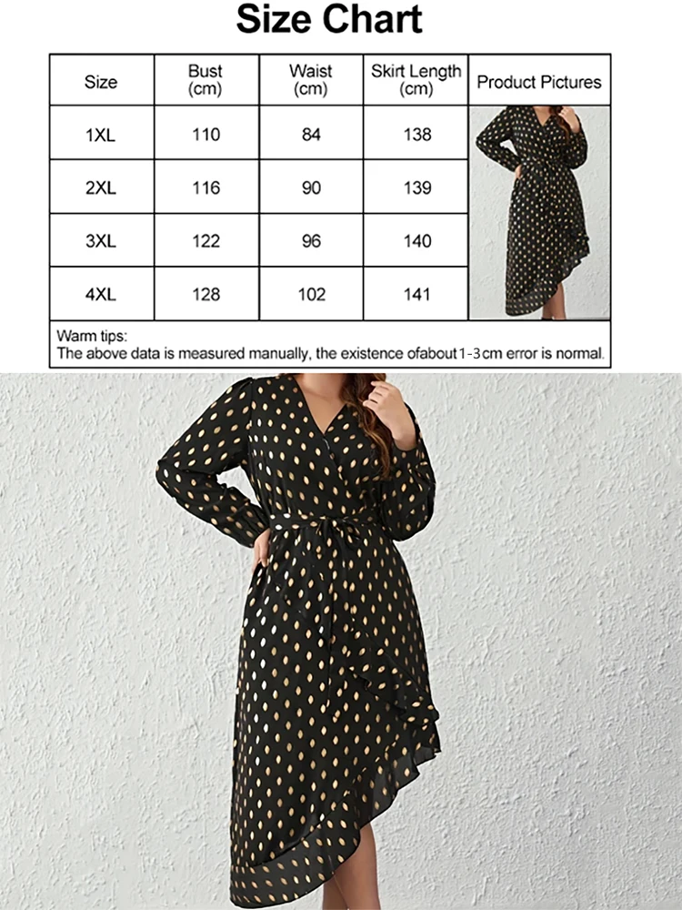 Plus size Damska sukienka Maxi w kropki Długa spódnica Moda Nieregularny dekolt w szpic z długim rękawem Elegancka czarna sukienka wieczorowa