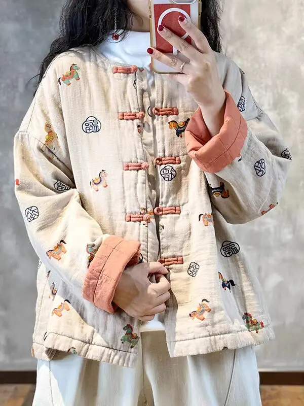 New Chinese Style Thickened Cotton Jacket Women's Winter Coat with Disk Buttons Floral Print Warm Outerwear Retro Loose Fit