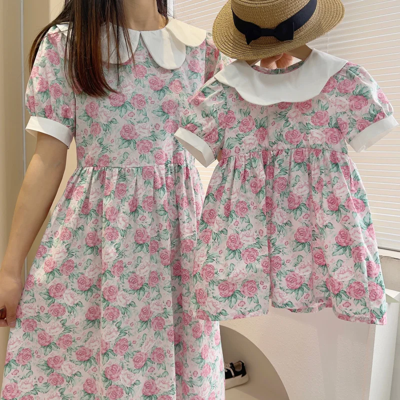 

2024Girls Summer Mother and Daughter Dress Petal Collar Floral Parent-Child Short Sleeve Fashionable Princess Dress