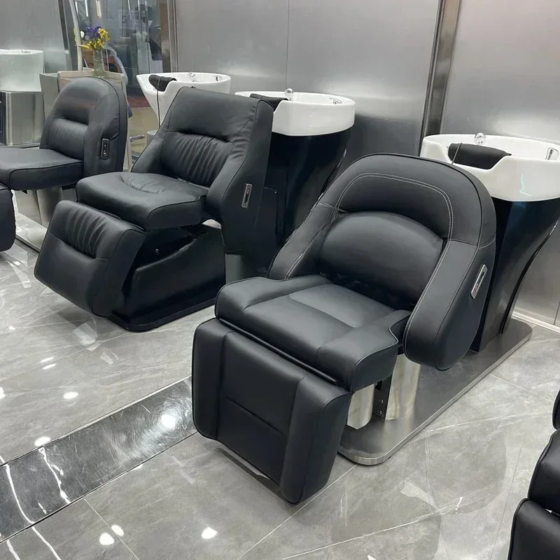 For Hair Barber Shop Flushing Bed Electric Lifting Silicone Headrest Ceramic Basin Shampoo Chair