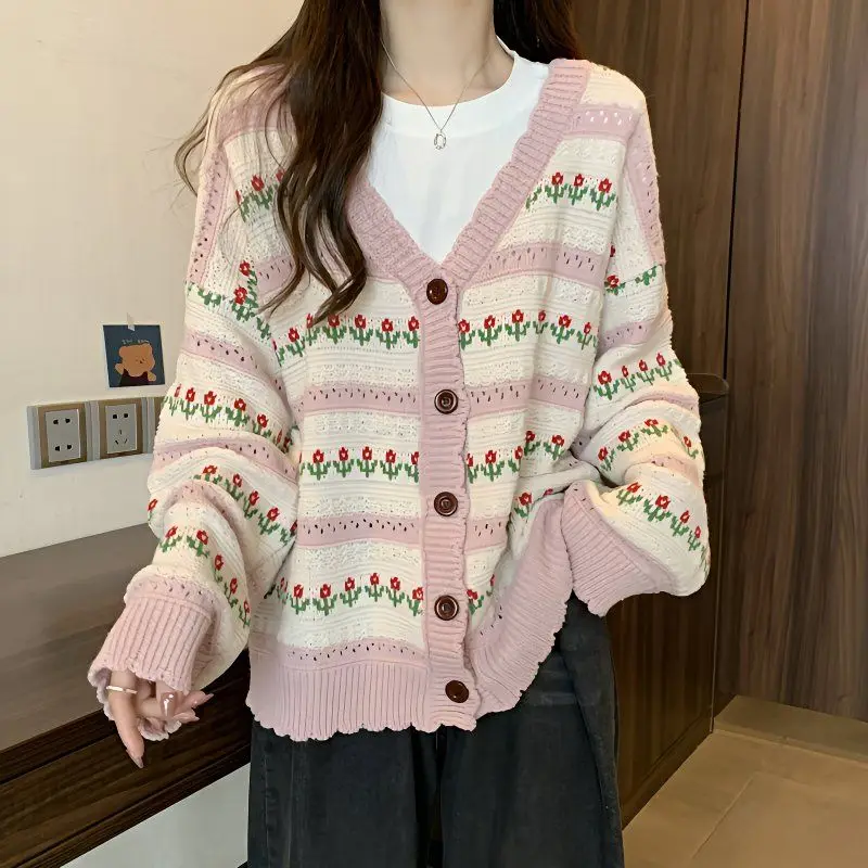 

2025 Striped Sweater Jacket Women's Thin Knitted Cardigan Internet Famous New Loose Fit Versatile Long Sleeved Top