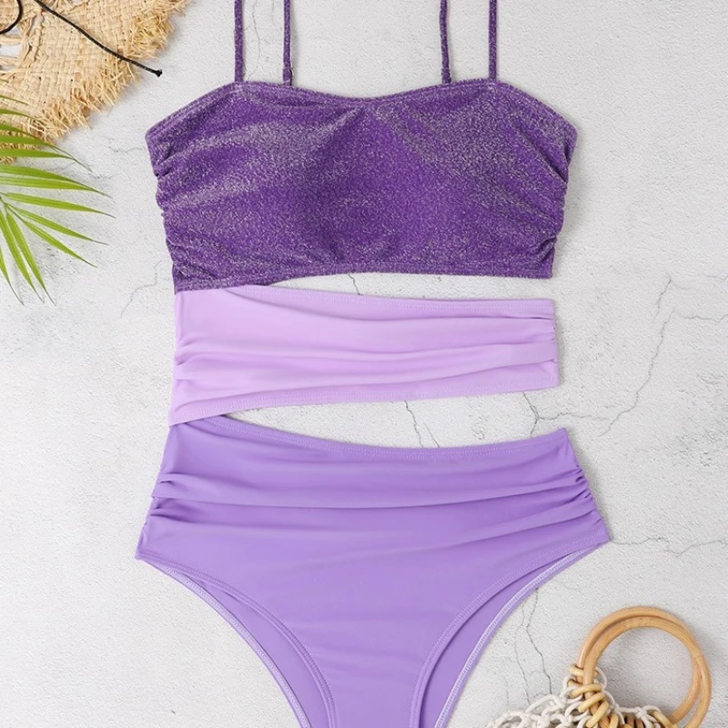 2025 New One-piece Purple Gradient Waist Exposed Simple Design European American Foreign Trade Beach Sports Sun Swimwears