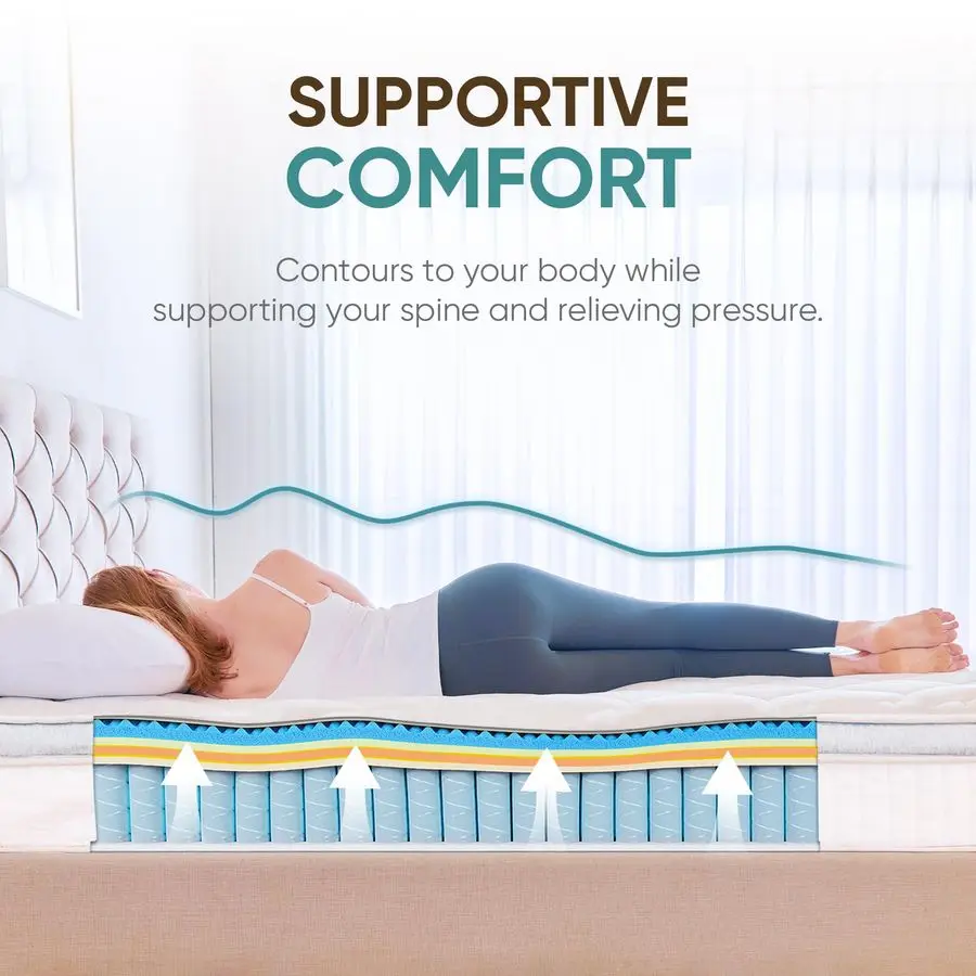 Matelas hybride double en pouces dans une boîte, mousse à mémoire de forme en gel rafraîchissant et ressorts ensachés individuels, ferme moyenne, soulagement de la pression, CertiPU