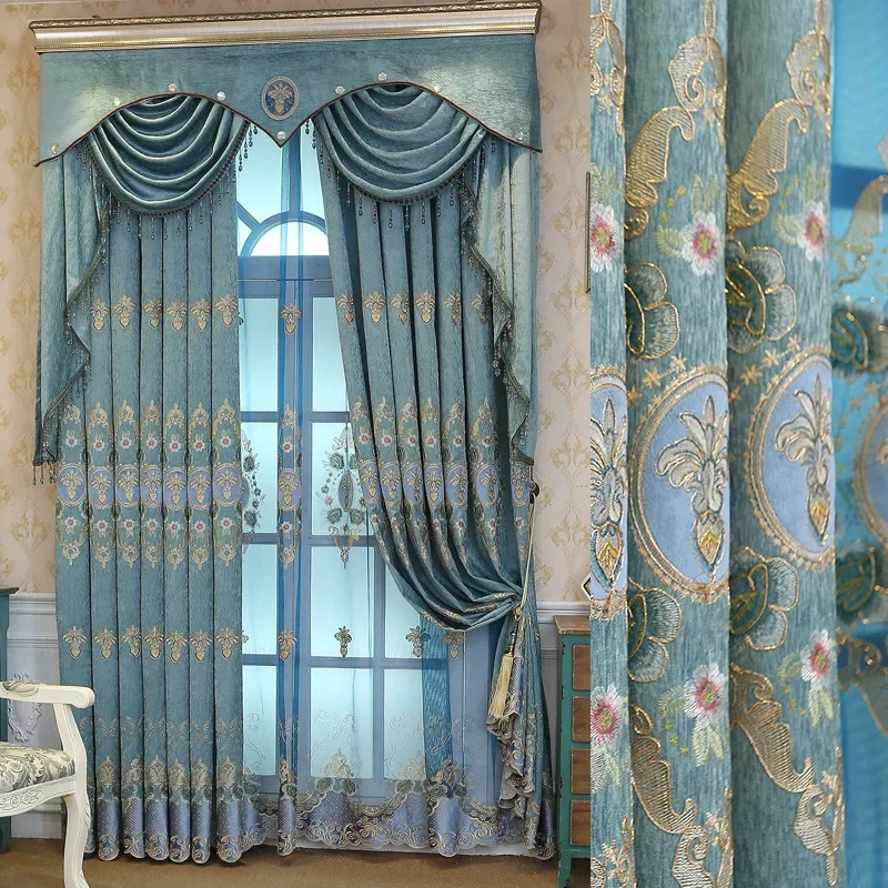 

Custom Size European Embroidered Coffee Luxury Curtains for Living Room Bedroom Window Blackout Valance Tulle Valance Chenille