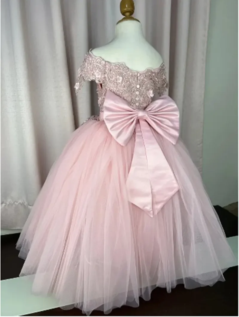 결혼식을위한 맞춤형 라이트 핑크 꽃의 소녀 드레스 아플리케 꽃 활 우아한 공주 Quinceanera 생일 파티 가운