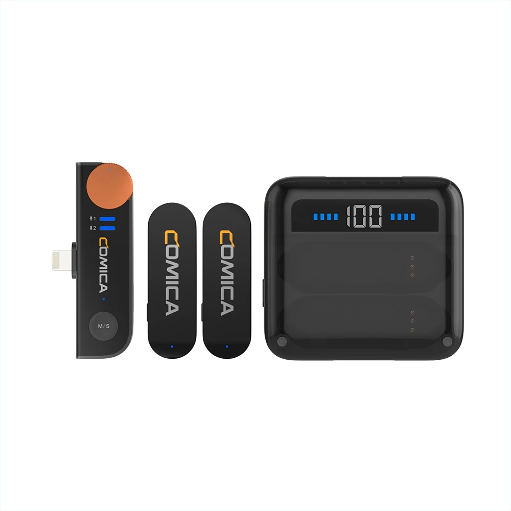 Comica Vimo S microfono Wireless USB-C/interfaccia Lightning 2.4G microfono compatto con risvolto con custodia di ricarica per SmartPhone IPad