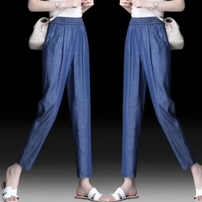 Summer New Fashion Thin Jeans Solid Elastic High Waist Pocket Loose Everyday Versatile Straight Casual Harlan Pants 2024 Z699