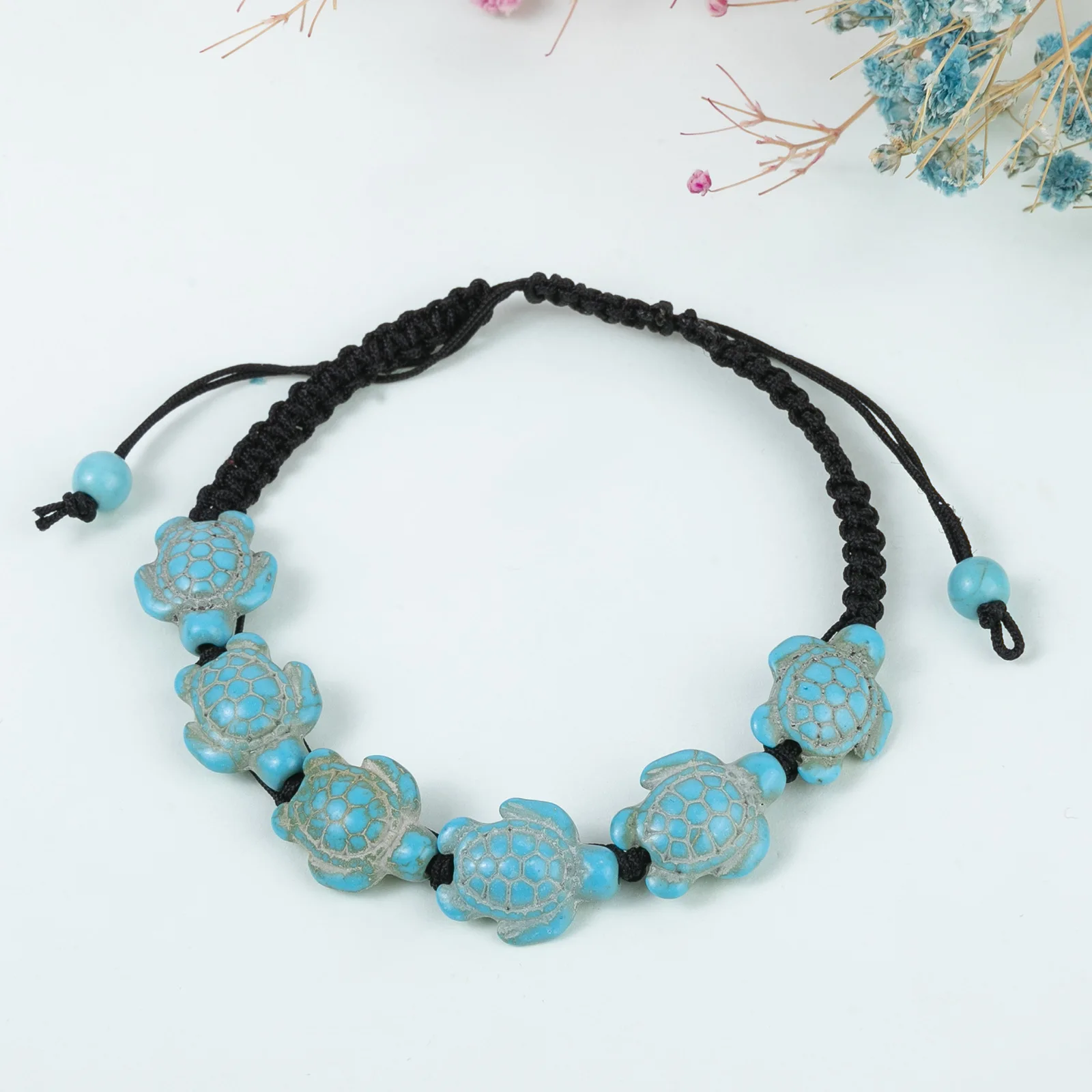 Six Summer Beach Green Sea Turtle Beads Black Cord Macrame Bracelet Women 2024 New Fashion Natural Stone Handmade Jewelry Gift