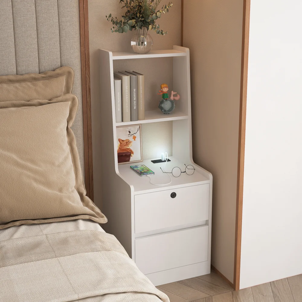 

Nightstand with Charging Station and Night Light Modern Night Stand with Bookshelf Bedside Tables w/Storage Cabinet for Bedroom