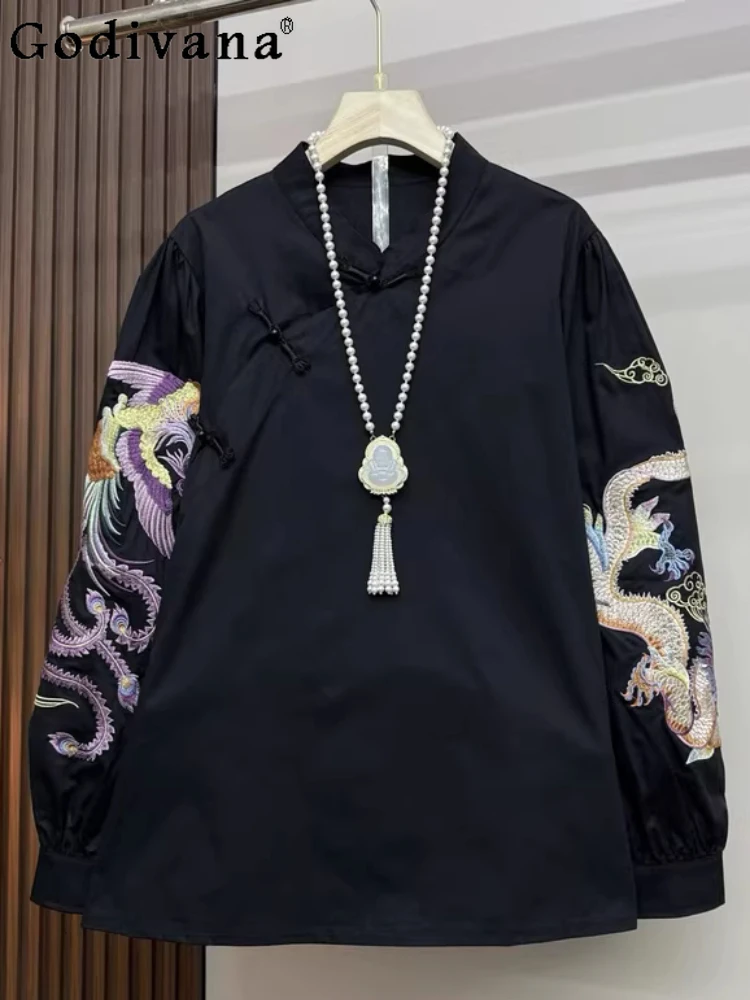 

Large Size Women Clothing Spring New Chinese Temperament Unique Long Sleeve Shirt Fashion Stand-up Collar Embroidery Loose Tops
