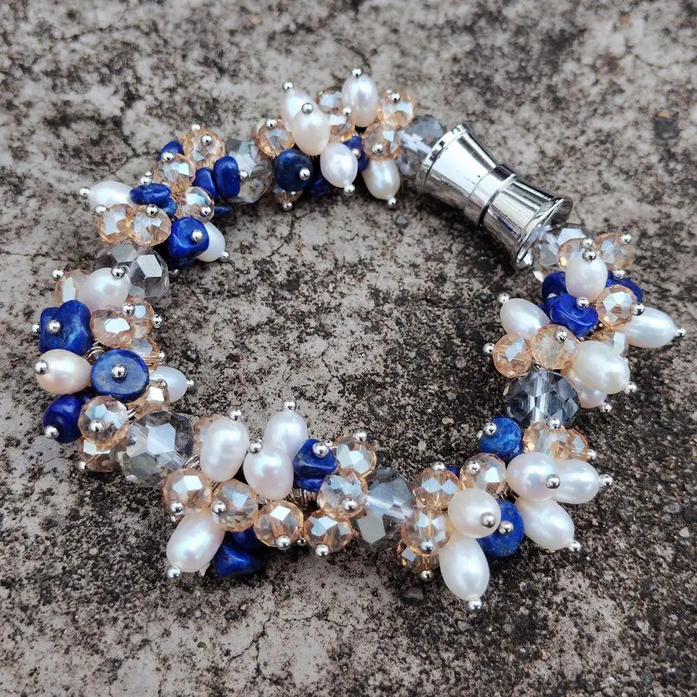 

Y·YING Cultured White Pearl Blue Lapis Crystal Beaded Bracelet Women Jewelry