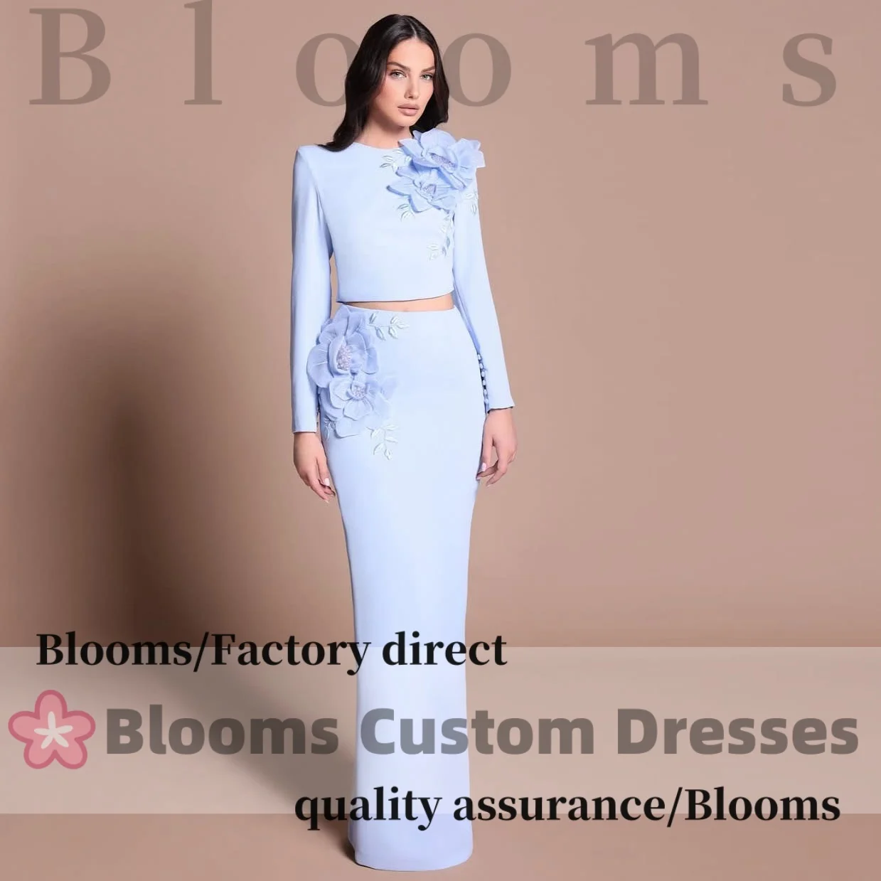 Customized Round Neck Big Flowers Evening Dresses Long Sleeves 2 Piece Set Elegant Party Dress Light Blue Prom Gown