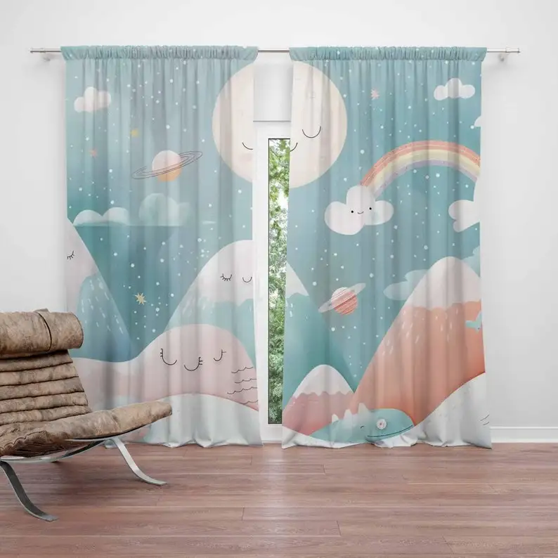 Mountain Rainbow Baby Nursery Curtains Cloud Moon Kids Bedroom Blackout Nursery Decor Baby Room Curtains Playroom