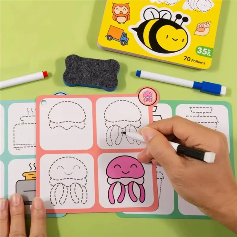 [Todaybuy】 Graffiti Set Reusable 70 Patterns Step-By-Step Learning Simple Drawing Card Book, Cartoon Educational Line Drawing