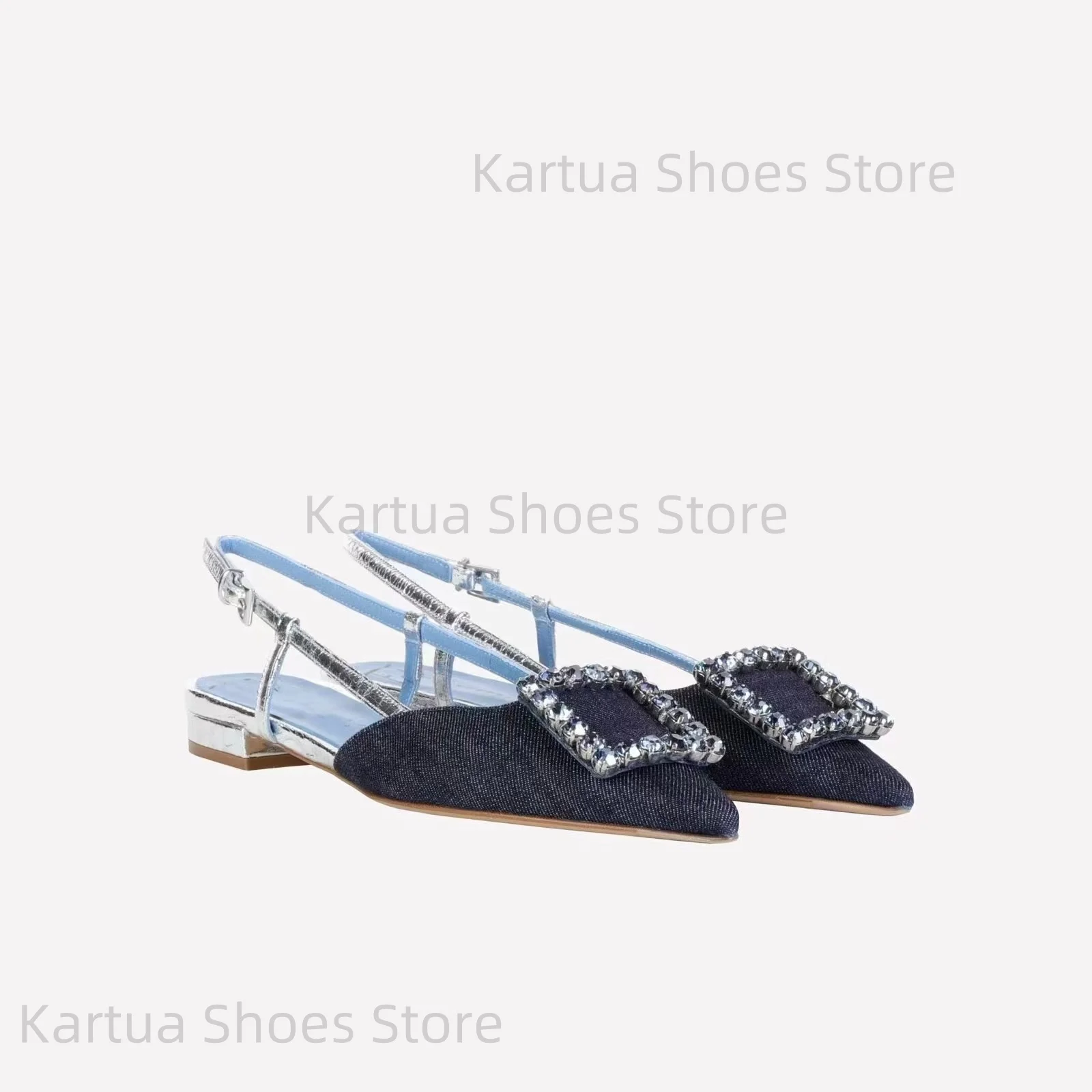 

Women Satin Slingback Flats Rhinestone Embellished Square Buckle Pointed Toe Shoe Elegant Party Wedding Crystal Decorated Pumps