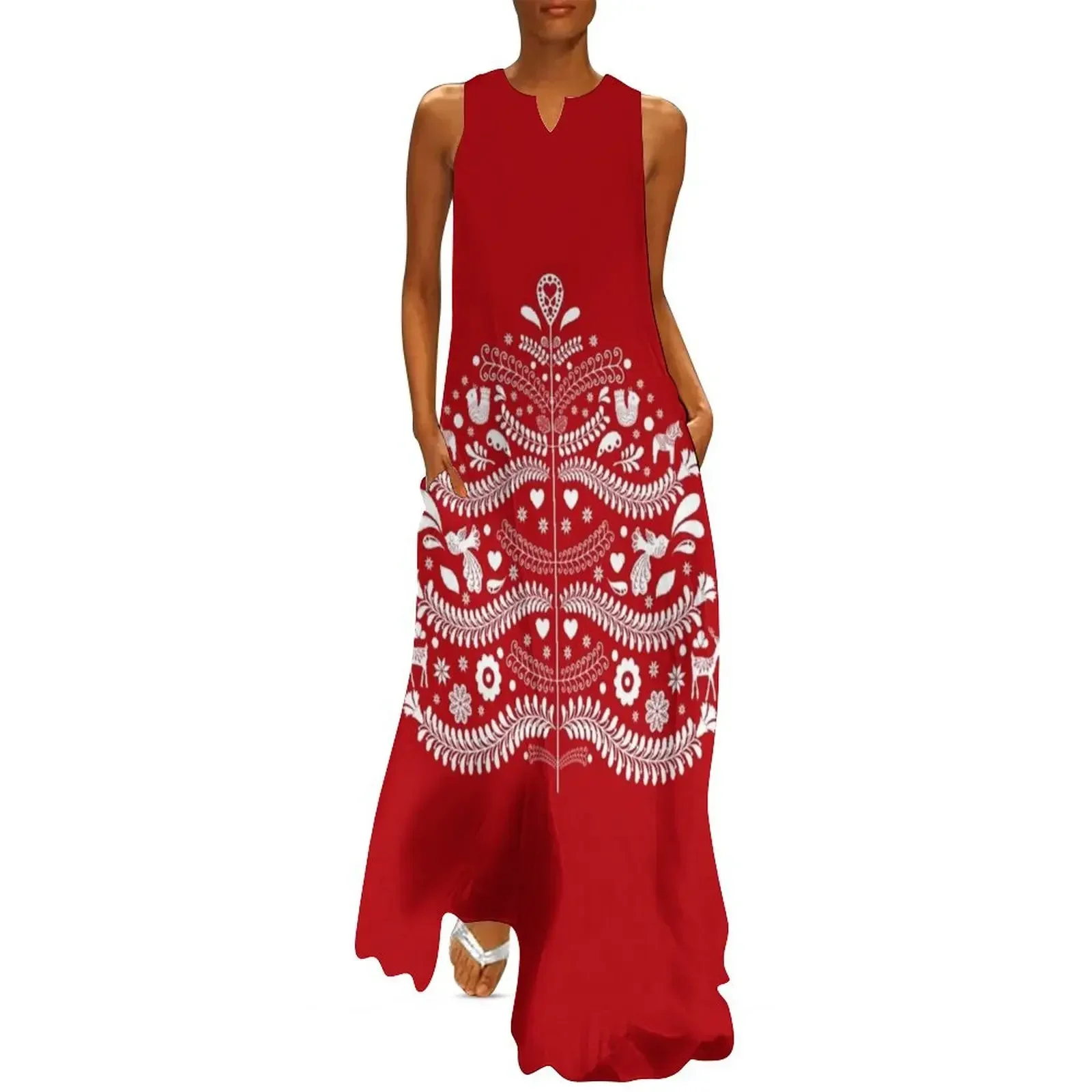 

White Scandinavian Christmas Tree on Red Long Dress Women's clothing dress party night prom dresses Dress