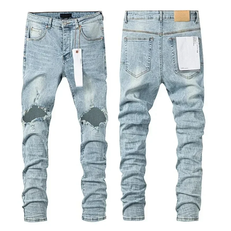 New Purple Jeans  American High Street brand Paint Faded Indigo Paint Repair Low Rise Elastic Skinny Destroy Wash Men Jeans