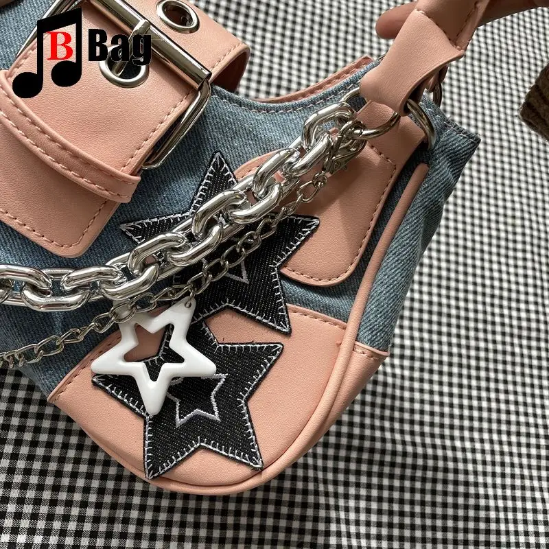 Y2k Spice Girl Women's Handbag Middle sense bump color PU Canvas Stars Gothic Punk Chain Sweet Pants Um ombro crossbody bag