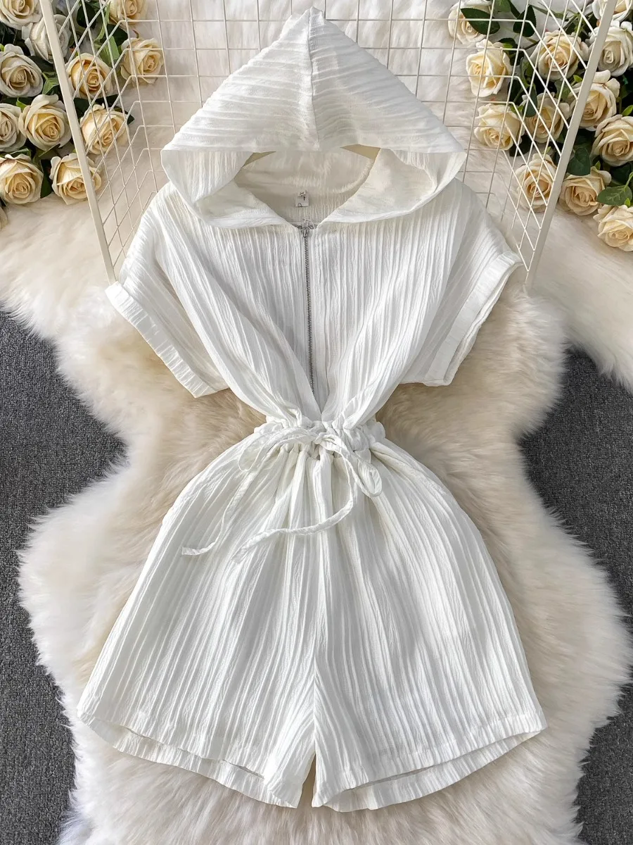 

Foamlina Hot Girl Drawstring Waist Wide Leg Jumpsuit Women 2025 Summer Designer Half Zip Hooded White Slim Bodysuit Top